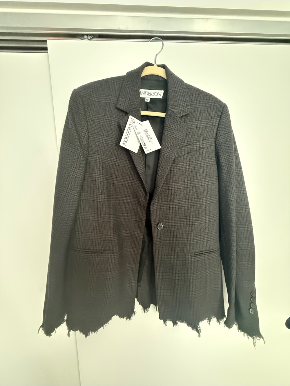 J.W. Anderson Dark Brown Glen Plaid Single-Button Blazer with Frayed Hem